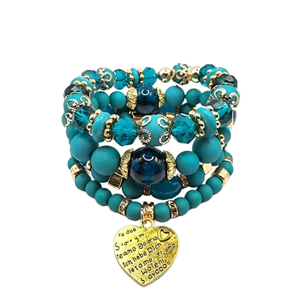 Turquoise Bohemian Glass Charms Bracelet Stretchable Boho Style Blue Jewelry - Picture 1 of 7